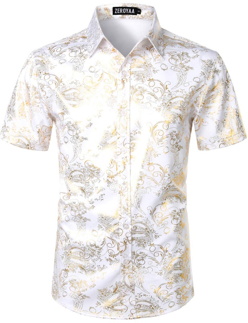 ZEROYAA Men's Luxury Paisley Shiny Stylish Slim Fit Short Sleeve Button Up Dress Shirt ZLCL23 White Gold Medium - Image 1